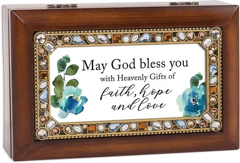 Cottage Garden Faith, Hope, and Love Jeweled Woodgrain Petite Musical Box Plays Tune Friend in Jesus in Saudi Arabia