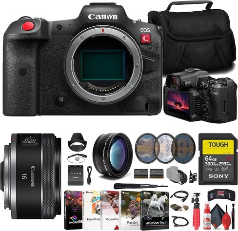 Canon EOS R5 C Mirrorless Cinema Camera (5077C002) + Canon 16mm Lens (5051C002) + Sony 64GB Tough SD Card + Filter Kit + Bag + Charger + LPE6 Battery + Telephoto Lens + Card Reader + More (Renewed) in Saudi Arabia