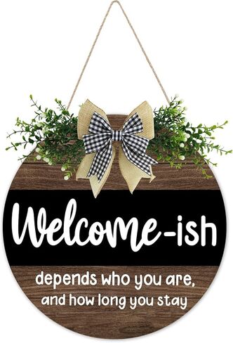 Welcome Sign Welcome-Ish Front Door Sign Funny Wreath Hanging Wooden Plaque Decorative Round Rustic Wood Farmhouse Porch Decor For Home Front Door Decor, Vintage Style in Kuwait