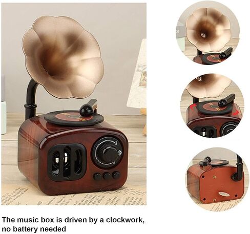 Natudeco Music Box Gramophone Phonographe Gramophone صندوق موسيقى محمول على شكل جراموفون صندوق موسيقى ريترو ستيريو صوت ديكور سطح المكتب هدية للمنزل غرفة المعيشة الممر غرفة النوم in Kuwait