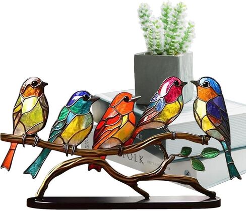 DUOAMARE Stained Glass Birds On Branch Bird Decor Ornaments Desktop Decor Double Sided Multicolor Style Birds for Home and Office Desk Decorations, Housewarming Birthday Gift in Kuwait