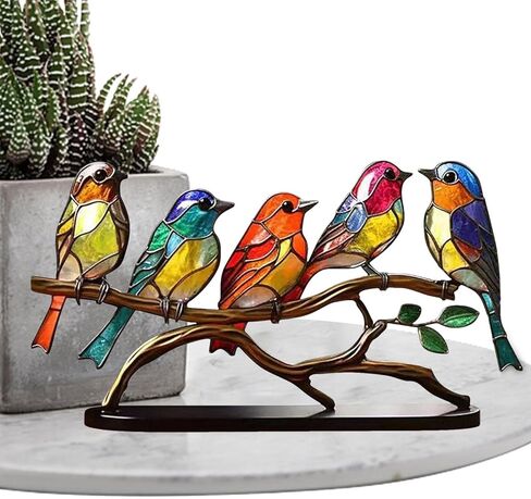 DUOAMARE Stained Glass Birds On Branch Bird Decor Ornaments Desktop Decor Double Sided Multicolor Style Birds for Home and Office Desk Decorations, Housewarming Birthday Gift in Kuwait