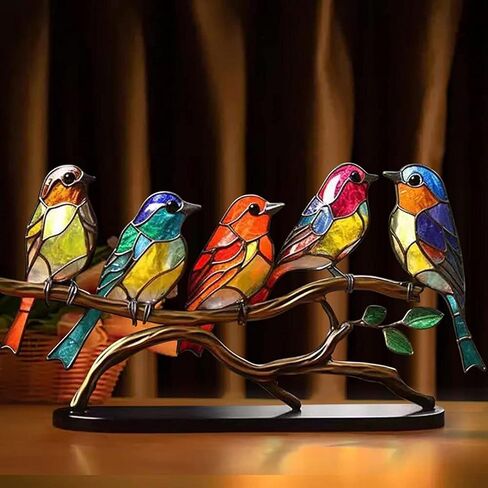 DUOAMARE Stained Glass Birds On Branch Bird Decor Ornaments Desktop Decor Double Sided Multicolor Style Birds for Home and Office Desk Decorations, Housewarming Birthday Gift in Kuwait