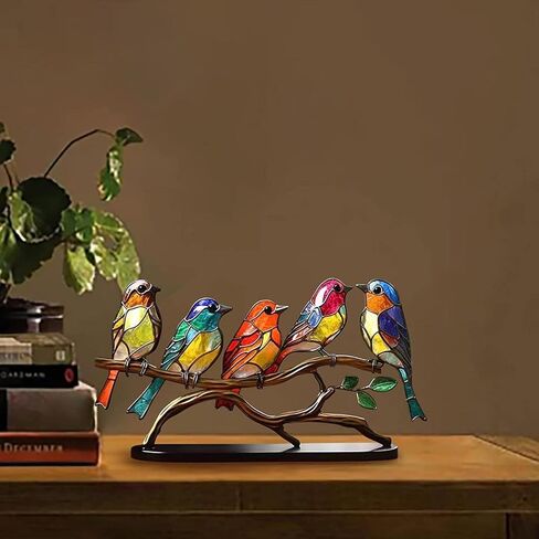 DUOAMARE Stained Glass Birds On Branch Bird Decor Ornaments Desktop Decor Double Sided Multicolor Style Birds for Home and Office Desk Decorations, Housewarming Birthday Gift in Kuwait