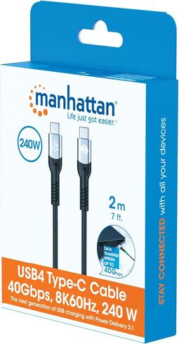 كابل مانهاتن USB 4 - 6.6 قدم - سلك USB C للشحن السريع 240 وات، نقل بيانات عالي السرعة 40 جيجابت في الثانية، يدعم شاشة 8K HD، مضفر - ضمان Mfg لمدة 3 سنوات - متوافق مع Thunderbolt 4، USB4 - 356381 in Kuwait