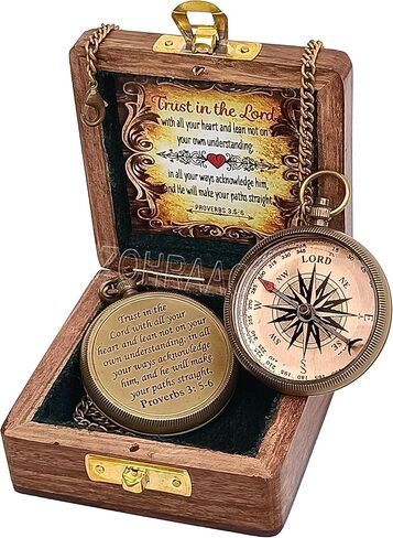 Trust in The Lord with All Your Heart - Proverb 3: 5-6 Engraved Brass Compass With Wooden Box, Camping Compass, Religious Gifts, Graduation Day Gifts for Boys & Girls, Gift for Son, Grandson, Daughter in Kuwait