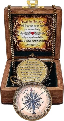 Trust in The Lord with All Your Heart - Proverb 3: 5-6 Engraved Brass Compass With Wooden Box, Camping Compass, Religious Gifts, Graduation Day Gifts for Boys & Girls, Gift for Son, Grandson, Daughter in Kuwait