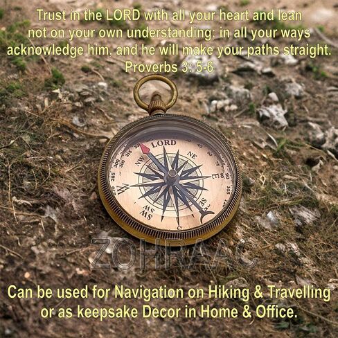 Trust in The Lord with All Your Heart - Proverb 3: 5-6 Engraved Brass Compass With Wooden Box, Camping Compass, Religious Gifts, Graduation Day Gifts for Boys & Girls, Gift for Son, Grandson, Daughter in Kuwait
