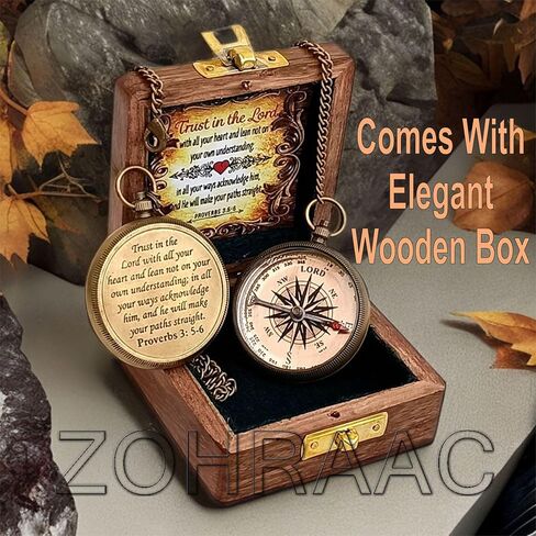 Trust in The Lord with All Your Heart - Proverb 3: 5-6 Engraved Brass Compass With Wooden Box, Camping Compass, Religious Gifts, Graduation Day Gifts for Boys & Girls, Gift for Son, Grandson, Daughter in Kuwait
