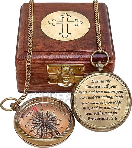 Trust in The Lord with All Your Heart - Proverb 3: 5-6 Engraved Brass Compass With Wooden Box, Camping Compass, Religious Gifts, Graduation Day Gifts for Boys & Girls, Gift for Son, Grandson, Daughter in Kuwait