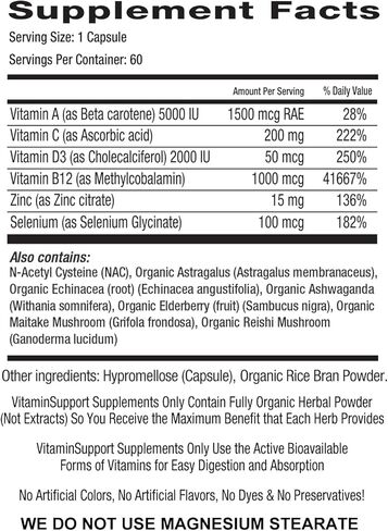 Immune Support Daily Multivitamin - Organic Herbs with Antioxidants. Vitamin A, C, D, B12, Zinc, Selenium, NAC and Astragalus, Echinacea, Ashwaganda, Elderberry, Maitake Mushroom, Reishi Mushroom in Kuwait