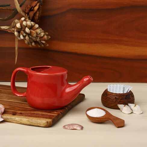 HealthGoodsIn Ceramic Neti Pot, Spill Proof with 5 Sachet Neti Salt - Red Color, Holds 250 ML (8.4 FL Oz) in Saudi Arabia