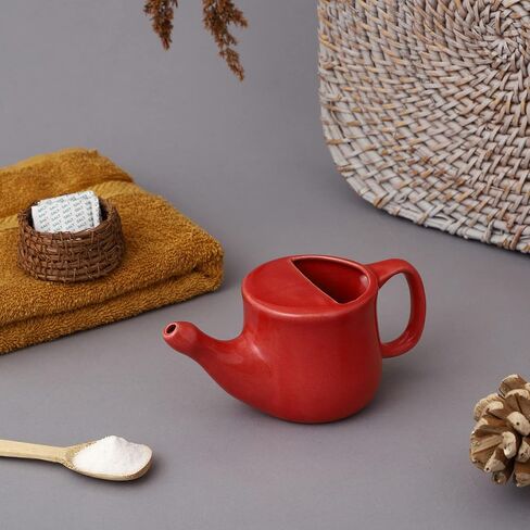 HealthGoodsIn Ceramic Neti Pot, Spill Proof with 5 Sachet Neti Salt - Red Color, Holds 250 ML (8.4 FL Oz) in Saudi Arabia