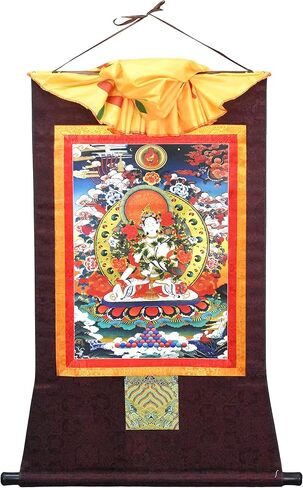 Mudra Crafts White Tara Thangka لوحة ثانكا للتعليق على الحائط - لوحة ثانكا التبتية المصنوعة يدويًا - تانغكا التبتية للديكور البوذي لليوجا والتأمل in Saudi Arabia