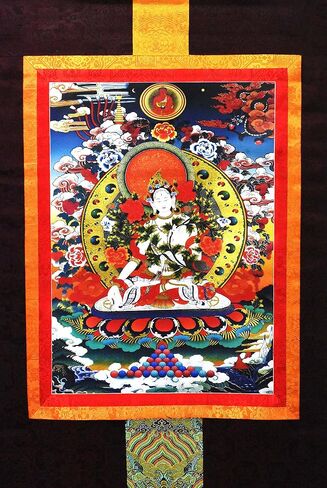 Mudra Crafts White Tara Thangka لوحة ثانكا للتعليق على الحائط - لوحة ثانكا التبتية المصنوعة يدويًا - تانغكا التبتية للديكور البوذي لليوجا والتأمل in Saudi Arabia