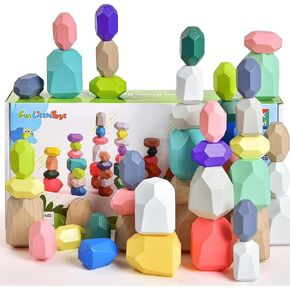 FUN LITTLE TOYS 40PCS Wooden Stacking Rocks for Toddlers 1-3,Building Blocks Set Balance Stones,Montessori Toys Sorting Stacking Toys Preschool Educational Learning Toy for Kids Age 3 4 5 6 7 in Kuwait