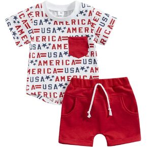 4th of July Baby Boy Outfit Short Sleeve Letter T-Shirt Top and Solid Color Shorts Independence Day Clothes Summer