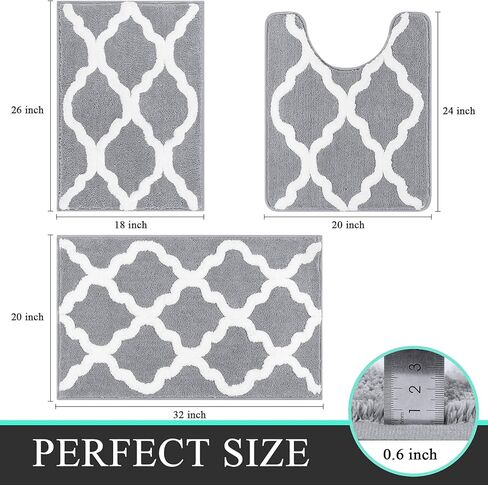 Pauwer Bathroom Rugs Sets 3 Pieces, Non-Slip Microfiber Shaggy Bath Mat, Soft Plush Absorbent Bath Rugs, Perfect Plush Bathroom Mat for Bathroom, Machine Washable, Grey in Kuwait