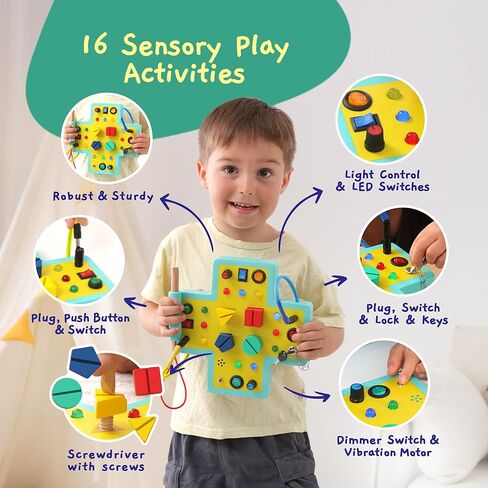 Jumble Dream Montessori Busy Board for Toddlers – 16 Button Switchboard Sensory Toys for Toddlers Activity Board Toys for Autism & ADHD 1-3 in Kuwait