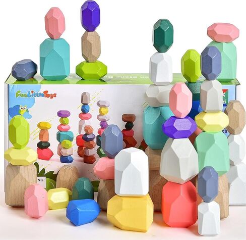 FUN LITTLE TOYS 40PCS Wooden Stacking Rocks for Toddlers 1-3,Building Blocks Set Balance Stones,Montessori Toys Sorting Stacking Toys Preschool Educational Learning Toy for Kids Age 3 4 5 6 7 in Kuwait