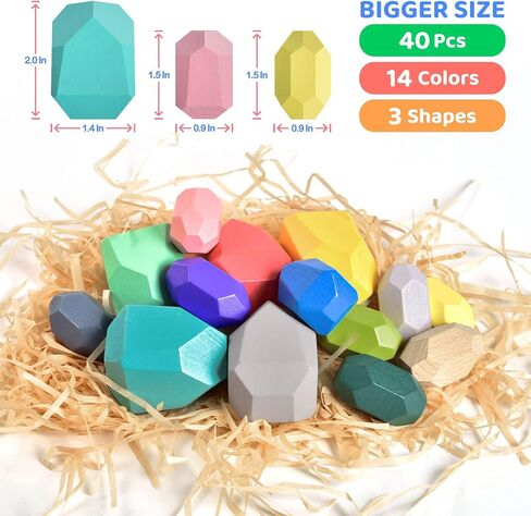 FUN LITTLE TOYS 40PCS Wooden Stacking Rocks for Toddlers 1-3,Building Blocks Set Balance Stones,Montessori Toys Sorting Stacking Toys Preschool Educational Learning Toy for Kids Age 3 4 5 6 7 in Kuwait