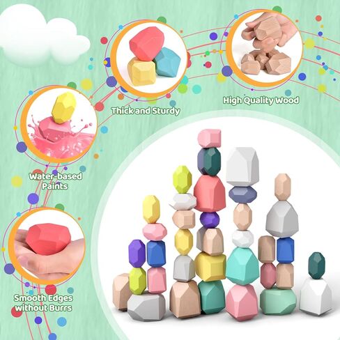 FUN LITTLE TOYS 40PCS Wooden Stacking Rocks for Toddlers 1-3,Building Blocks Set Balance Stones,Montessori Toys Sorting Stacking Toys Preschool Educational Learning Toy for Kids Age 3 4 5 6 7 in Kuwait