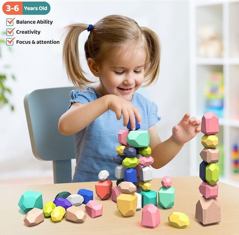 FUN LITTLE TOYS 40PCS Wooden Stacking Rocks for Toddlers 1-3,Building Blocks Set Balance Stones,Montessori Toys Sorting Stacking Toys Preschool Educational Learning Toy for Kids Age 3 4 5 6 7 in Kuwait