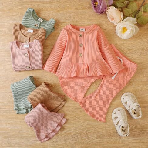 PATPAT Newborn Baby Girl Clothes Set Solid Color Long Sleeves Infant Toddler Outfits and Pants Set in Saudi Arabia