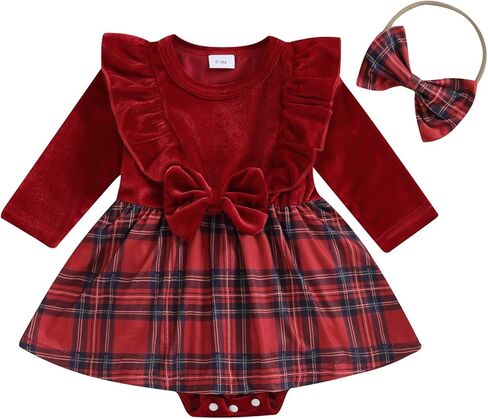 الوليد طفلة عيد الميلاد رومبير فستان منقوشة الكشكشة طويلة الأكمام Bowknot تنورة عقال مجموعة فتاة الخريف الشتاء الملابس in Kuwait
