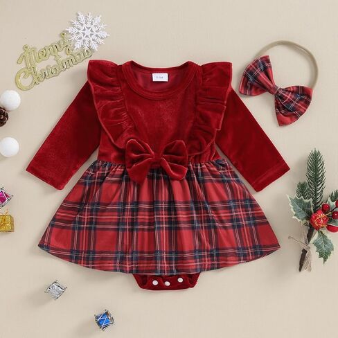 الوليد طفلة عيد الميلاد رومبير فستان منقوشة الكشكشة طويلة الأكمام Bowknot تنورة عقال مجموعة فتاة الخريف الشتاء الملابس in Kuwait