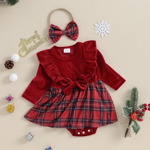 الوليد طفلة عيد الميلاد رومبير فستان منقوشة الكشكشة طويلة الأكمام Bowknot تنورة عقال مجموعة فتاة الخريف الشتاء الملابس in Kuwait