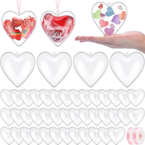 48 قطعة من كرات الحلي البلاستيكية الشفافة القابلة للتعبئة على شكل قلب من Syhood و2 لفافات من النسيج DIY الحرفية لعيد الحب، كرة زينة لعيد الأم وحفلات الزفاف وأعياد الميلاد وعطلات الكريسماس وديكورات معلقة in Kuwait
