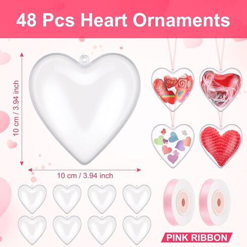 48 قطعة من كرات الحلي البلاستيكية الشفافة القابلة للتعبئة على شكل قلب من Syhood و2 لفافات من النسيج DIY الحرفية لعيد الحب، كرة زينة لعيد الأم وحفلات الزفاف وأعياد الميلاد وعطلات الكريسماس وديكورات معلقة in Kuwait