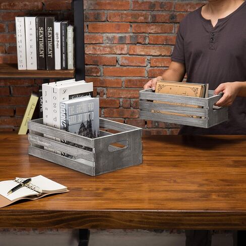 MyGift Rustic Dark Gray Wood Decorative Storage Boxes with Cutout Handles - Country Style Nesting Crates, Open Top Pallet Design Bins, Set of 2 in Saudi Arabia