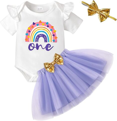 مجموعة ملابس عيد الميلاد الأول للفتيات الصغيرات بألوان قوس قزح مطبوعة على شكل كعكة سماش بأكمام طويلة وتنورة من التول مع عصابة رأس in Kuwait