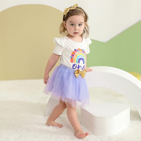 مجموعة ملابس عيد الميلاد الأول للفتيات الصغيرات بألوان قوس قزح مطبوعة على شكل كعكة سماش بأكمام طويلة وتنورة من التول مع عصابة رأس in Kuwait