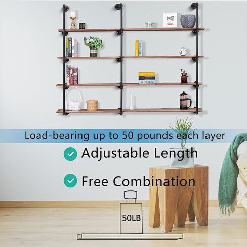 Pynsseu Industrial Iron Pipe Shelf Wall Mount, Farmhouse DIY Open Bookshelf, Pipe Shelves for Kitchen Bathroom, bookcases Living Room Storage, 2Pack of 4 Tier in Saudi Arabia