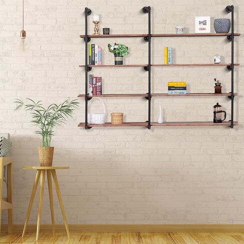 Pynsseu Industrial Iron Pipe Shelf Wall Mount, Farmhouse DIY Open Bookshelf, Pipe Shelves for Kitchen Bathroom, bookcases Living Room Storage, 2Pack of 4 Tier in Saudi Arabia