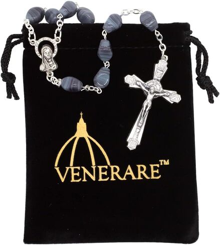 Venerare Glass and Metal Rosary with Large Hail Mary Beads | Silver-Tone Crucifix | Comfortable to Hold | Great Catholic Gift for First Holy Communion and Confirmation | Made in Italy in Saudi Arabia