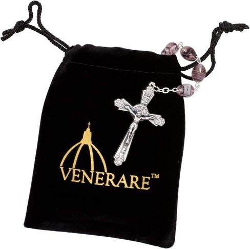 Venerare Glass and Metal Rosary with Large Hail Mary Beads | Silver-Tone Crucifix | Comfortable to Hold | Great Catholic Gift for First Holy Communion and Confirmation | Made in Italy in Saudi Arabia