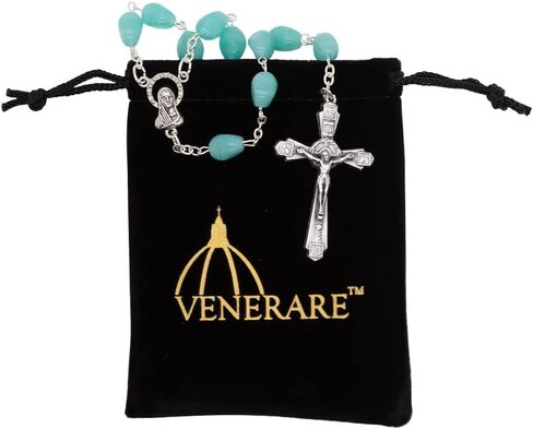 Venerare Glass and Metal Rosary with Large Hail Mary Beads | Silver-Tone Crucifix | Comfortable to Hold | Great Catholic Gift for First Holy Communion and Confirmation | Made in Italy in Saudi Arabia