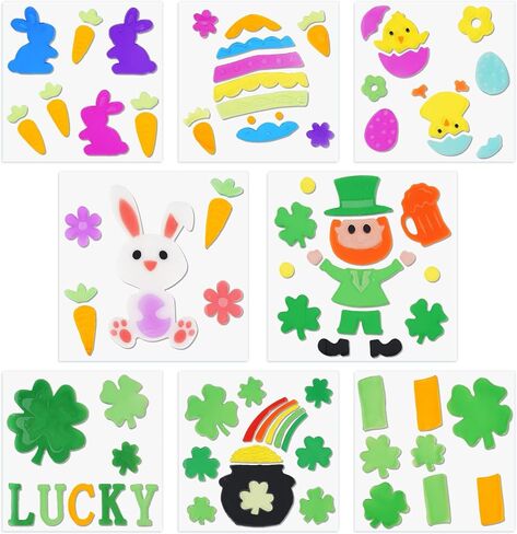 Whaline 8 Sheets St. Patrick's Day & Easter Window Gel Clings Easter Eggs Bunny Green Shamrock Window Jelly Stickers Decals Decorations for Refrigerators Bedroom Home Office School Holiday Party Gift in Saudi Arabia