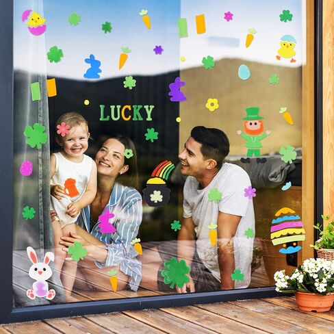 Whaline 8 Sheets St. Patrick's Day & Easter Window Gel Clings Easter Eggs Bunny Green Shamrock Window Jelly Stickers Decals Decorations for Refrigerators Bedroom Home Office School Holiday Party Gift in Saudi Arabia