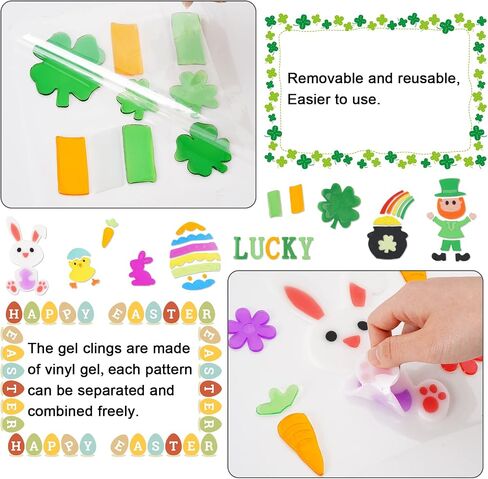 Whaline 8 Sheets St. Patrick's Day & Easter Window Gel Clings Easter Eggs Bunny Green Shamrock Window Jelly Stickers Decals Decorations for Refrigerators Bedroom Home Office School Holiday Party Gift in Saudi Arabia