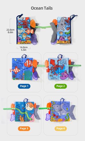 Jollybaby Soft Baby Cloth Books, Crinkle Tail Book, Sensory Teething Books for Babies, Infants & Toddler, Early Children Development Interactive Baby Girl & Boy Toys Gift(Ocean) in Kuwait
