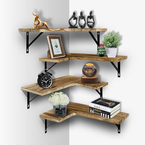 Asvor Clark Corner Floating Shelves, Brown Corner Shelf Wall Mount Set of 4, Natural Wood Display Wall Storage Shelves for Bathroom, Living Room, Kitchen, Bedroom, Office in Saudi Arabia