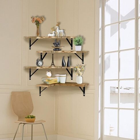 Asvor Clark Corner Floating Shelves, Brown Corner Shelf Wall Mount Set of 4, Natural Wood Display Wall Storage Shelves for Bathroom, Living Room, Kitchen, Bedroom, Office in Saudi Arabia