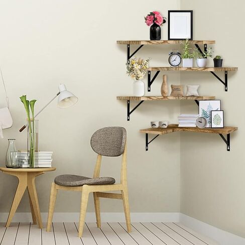 Asvor Clark Corner Floating Shelves, Brown Corner Shelf Wall Mount Set of 4, Natural Wood Display Wall Storage Shelves for Bathroom, Living Room, Kitchen, Bedroom, Office in Saudi Arabia