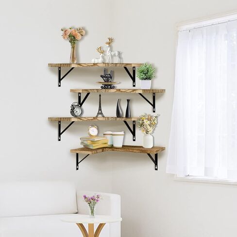 Asvor Clark Corner Floating Shelves, Brown Corner Shelf Wall Mount Set of 4, Natural Wood Display Wall Storage Shelves for Bathroom, Living Room, Kitchen, Bedroom, Office in Saudi Arabia