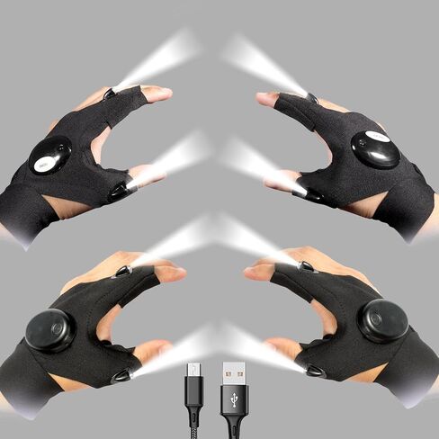 زوجان من قفازات مصباح يدوي LED، زوج واحد قابل لإعادة الشحن وزوج واحد يستخدم البطاريات، هدايا للرجال، صيد الأسماك في الهواء الطلق في يوم الأب مع حزام مطاطي لإصلاح السيارات الليلية والجري والتخييم والمشي لمسافات طويلة in Kuwait